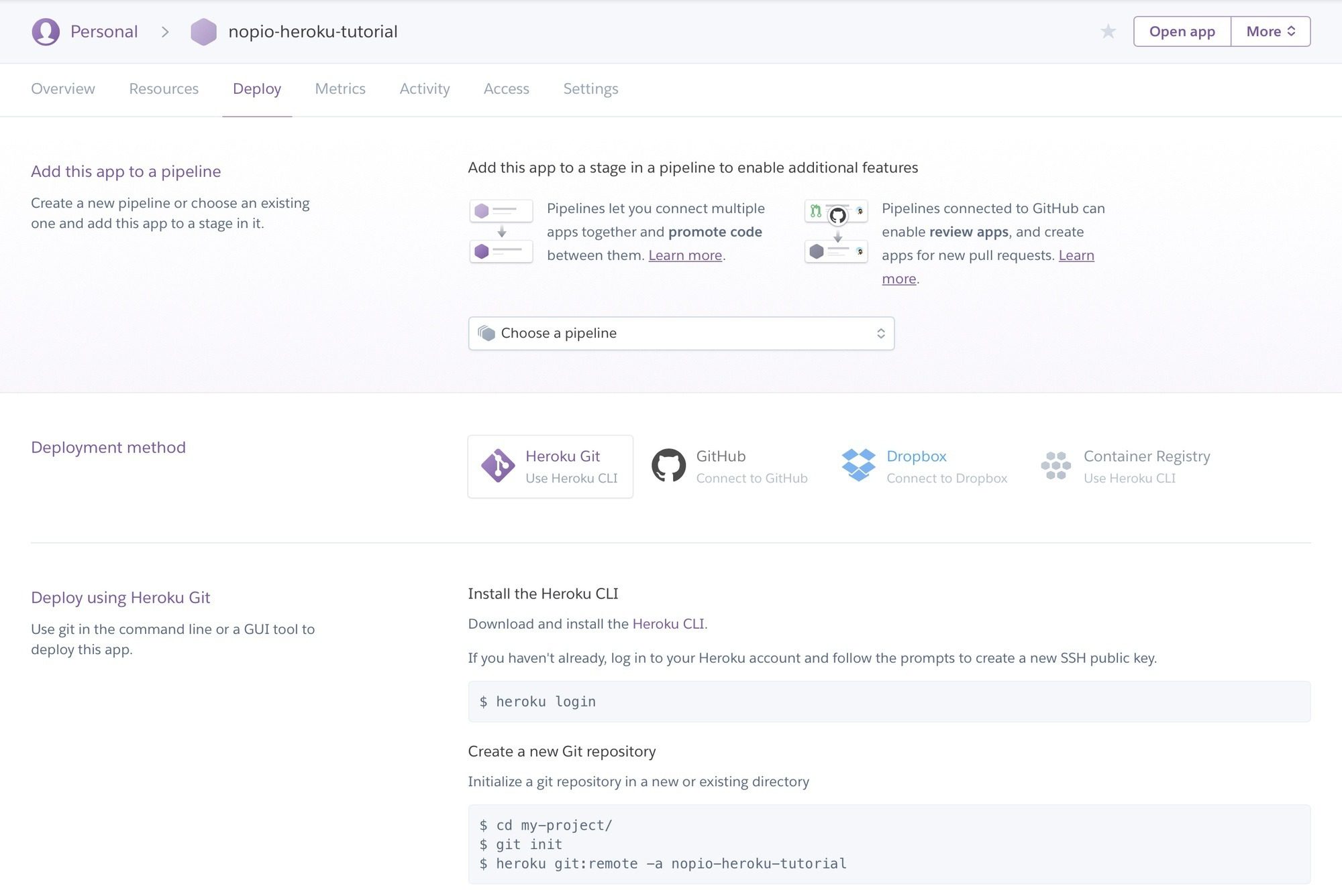 Screen of Heroku platform 2