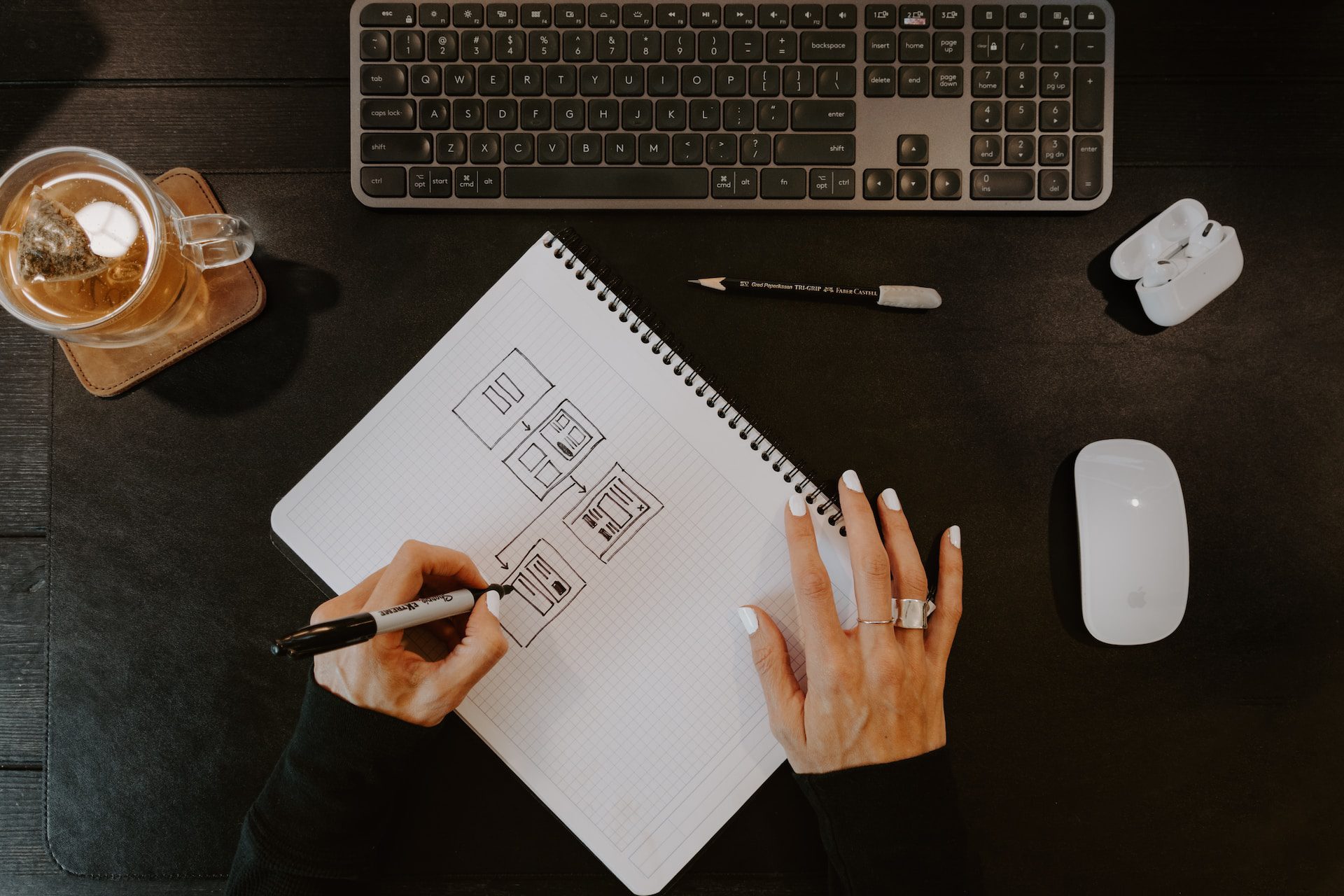 UX designer drawing a wireframe with website footer examples on a notebook