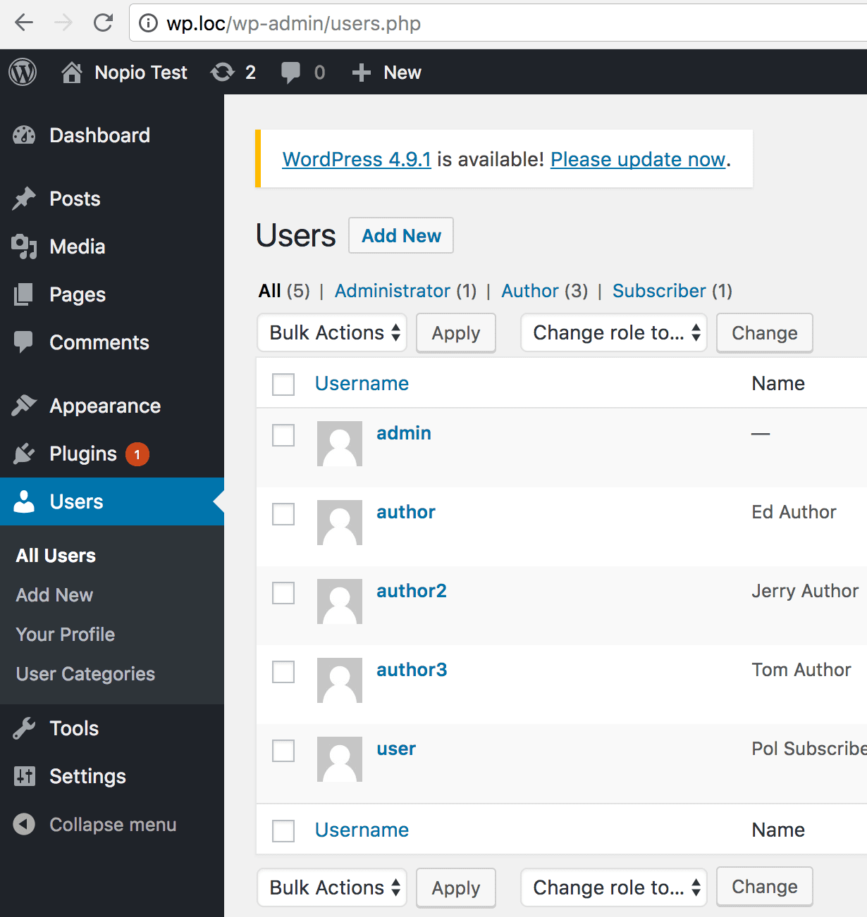 WordPress User Taxonomy Screen 1