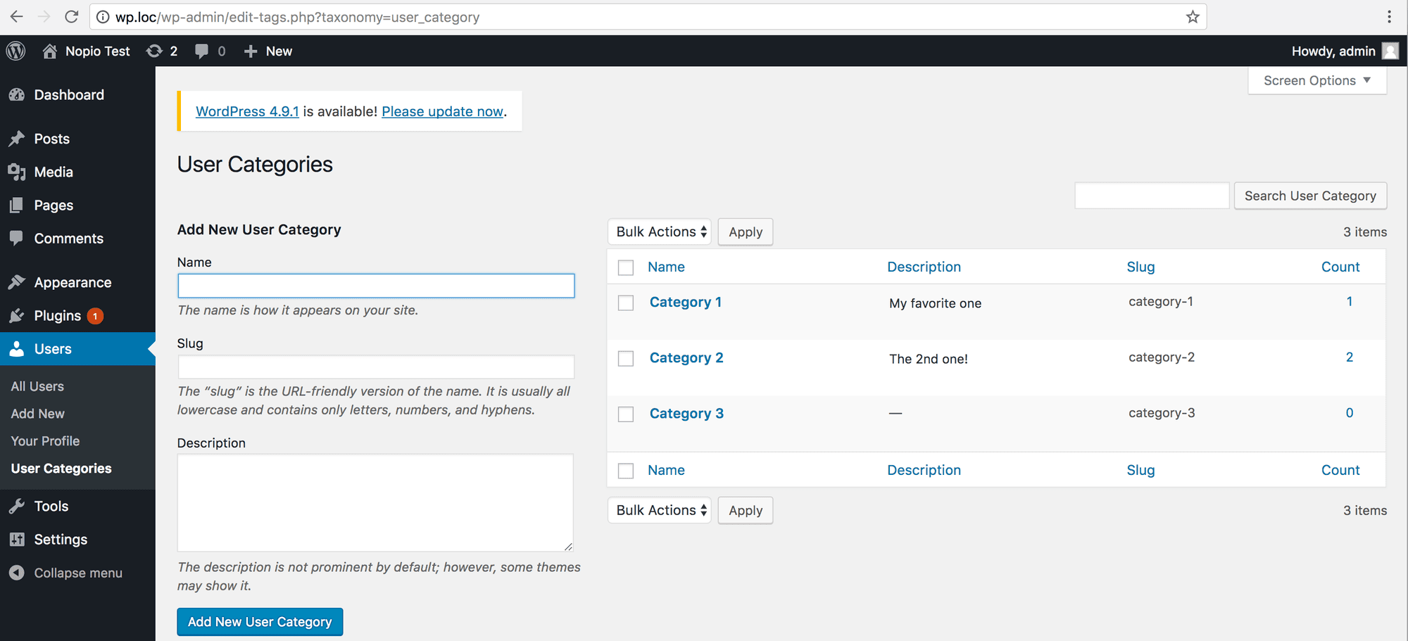 WordPress User Taxonomy Screen 3