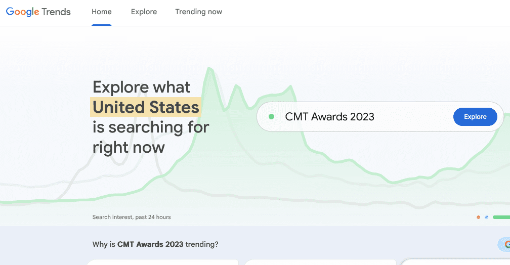 Google Trends tool used for measuring brand awareness metrics including search volume and interest over time