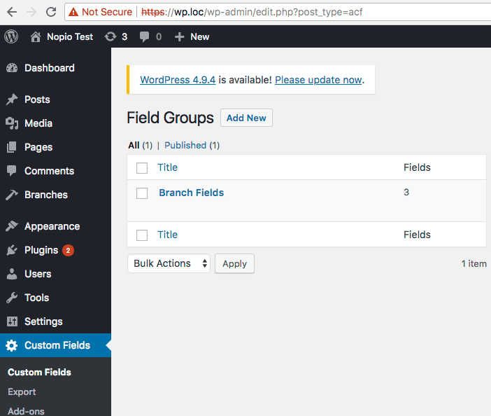 Custom Fields page in wordpress admin