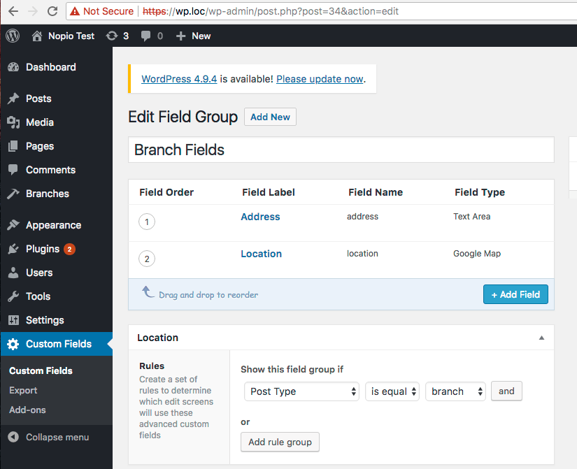 editing field group in wordpress admin panel