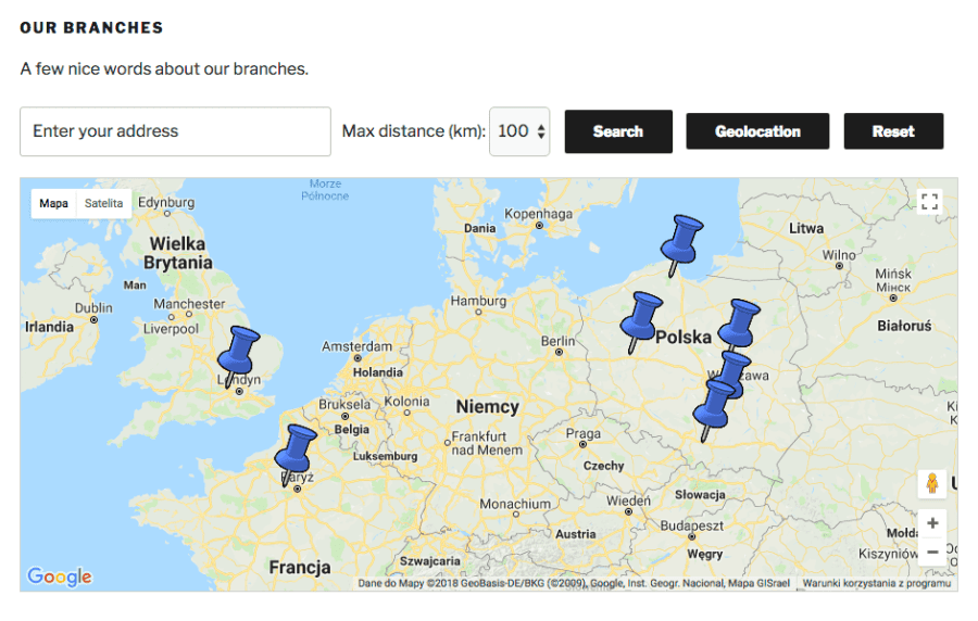 map with Google geolocation that allows to find the company’s branches