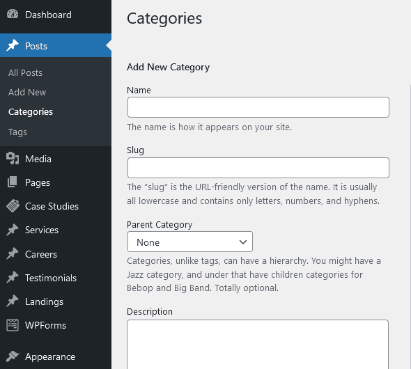 creating categories in WordPress